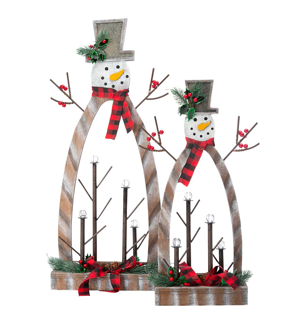 Tabletop Lighted Wooden Snowmen, Set of 2