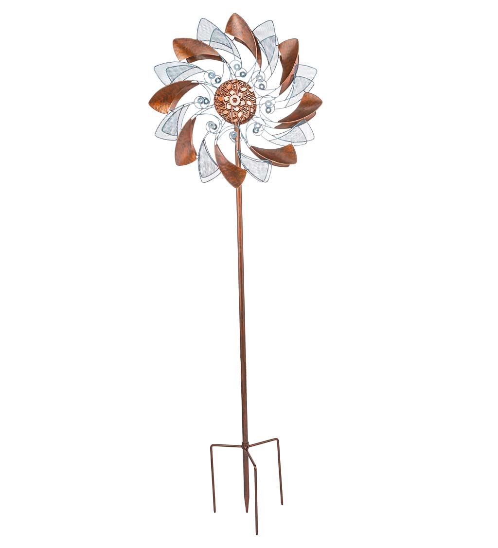 Copper Metal and Verdigris Mesh Flower Wind Spinner