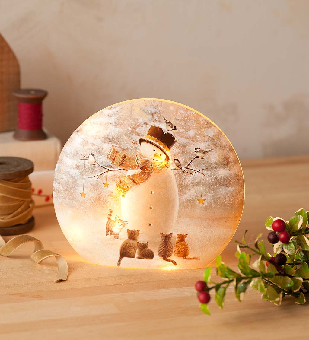 Lighted Snowman and Kittens Tabletop Decor