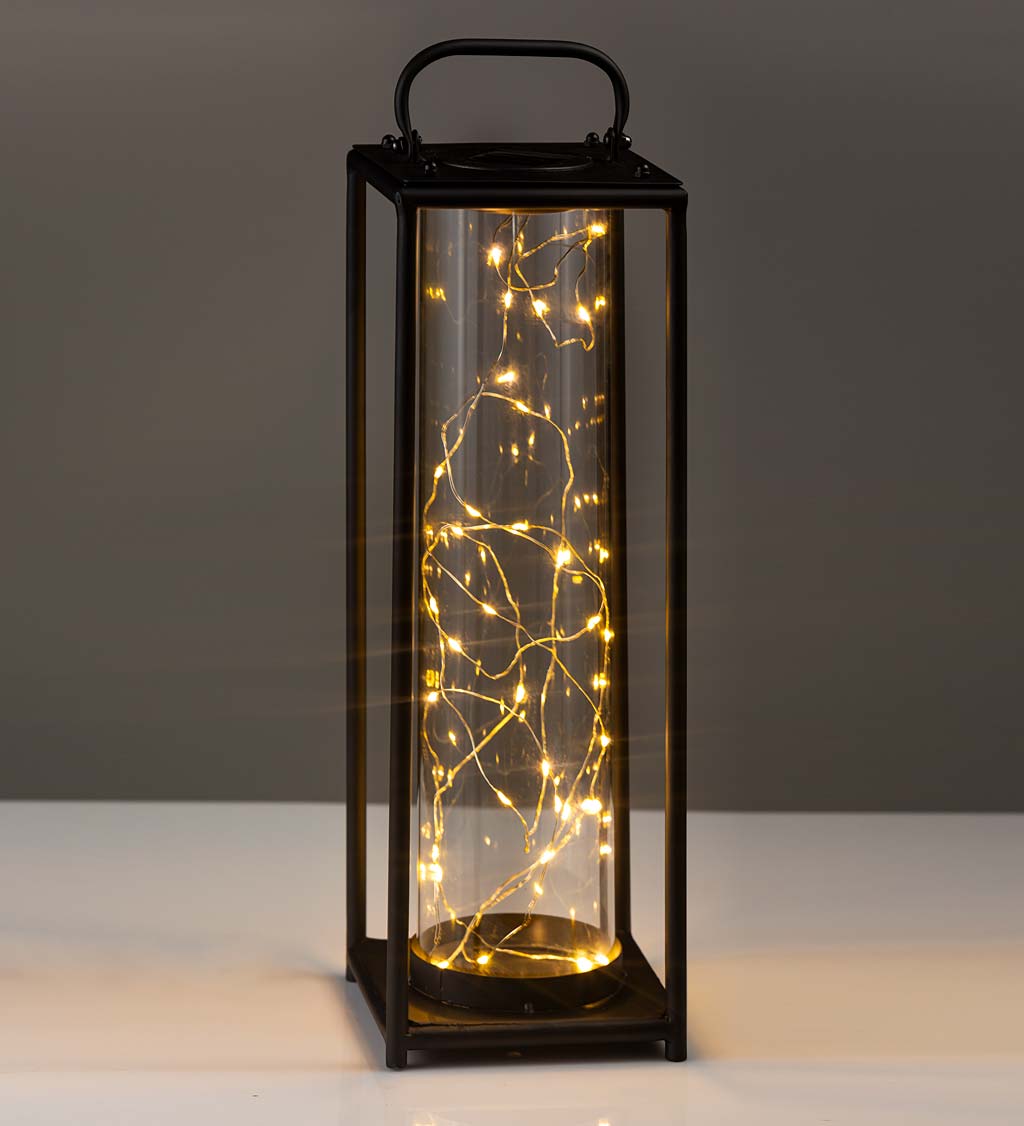 Glass Firefly Solar Lantern With String Lights, Small - Black