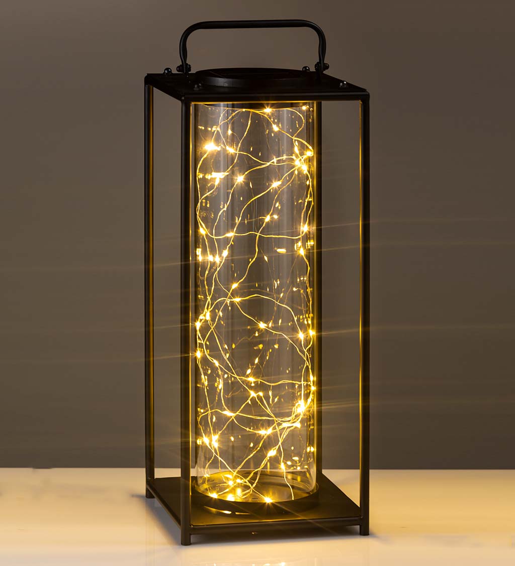 Glass Firefly Solar Lantern With String Lights, Medium - Black