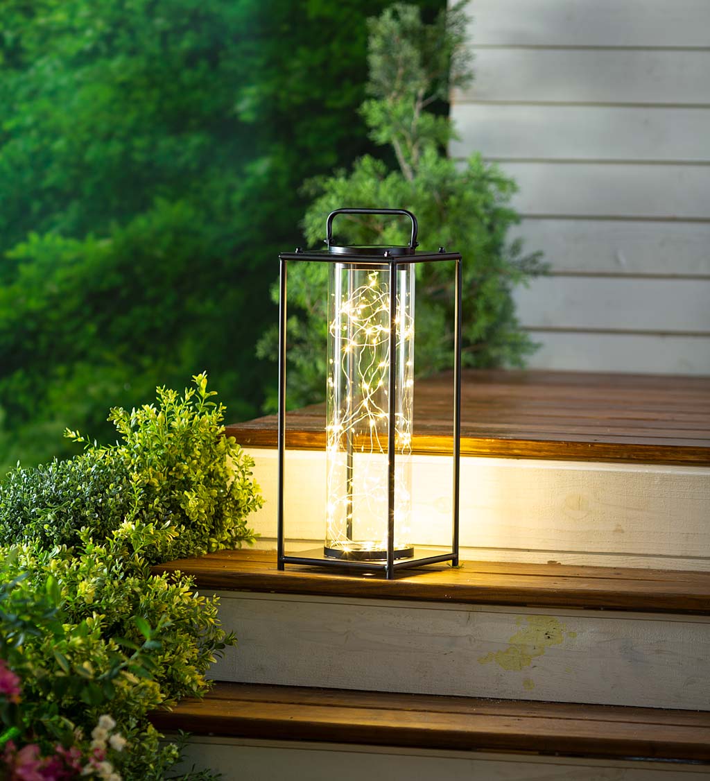 Glass Firefly Solar Lantern With String Lights, Medium - Black