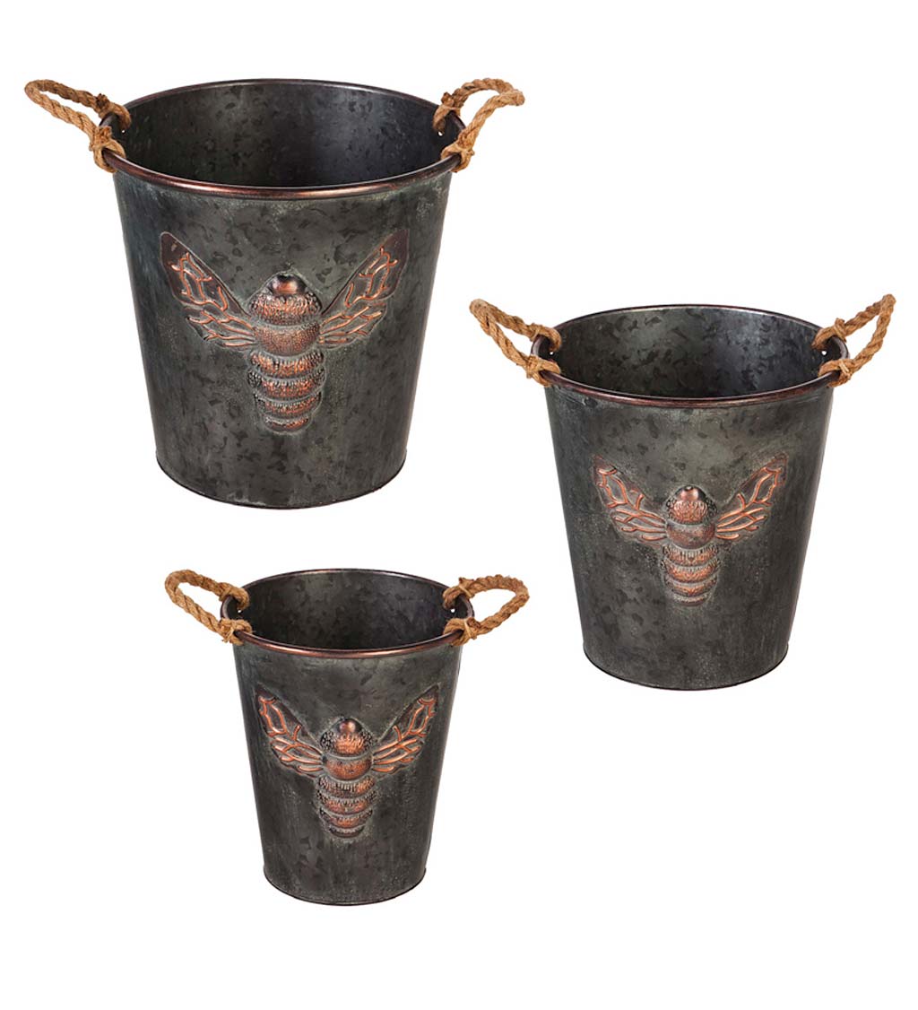 Galvanized Metal Planters with Embossed Bee and Rope Handles, Set of 3