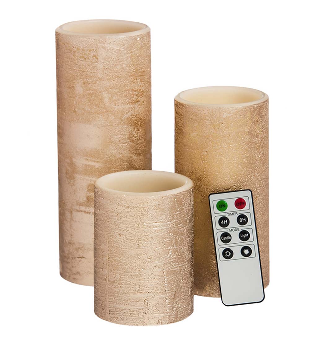 Silver LED Pillar Candles with Remote, Set of 3