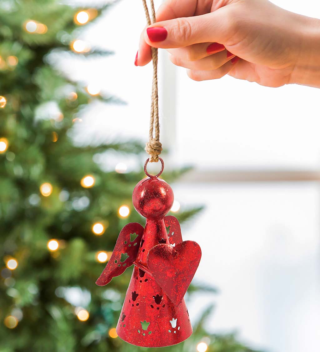 Red Metal Angel with Heart Ornament, Set of 2