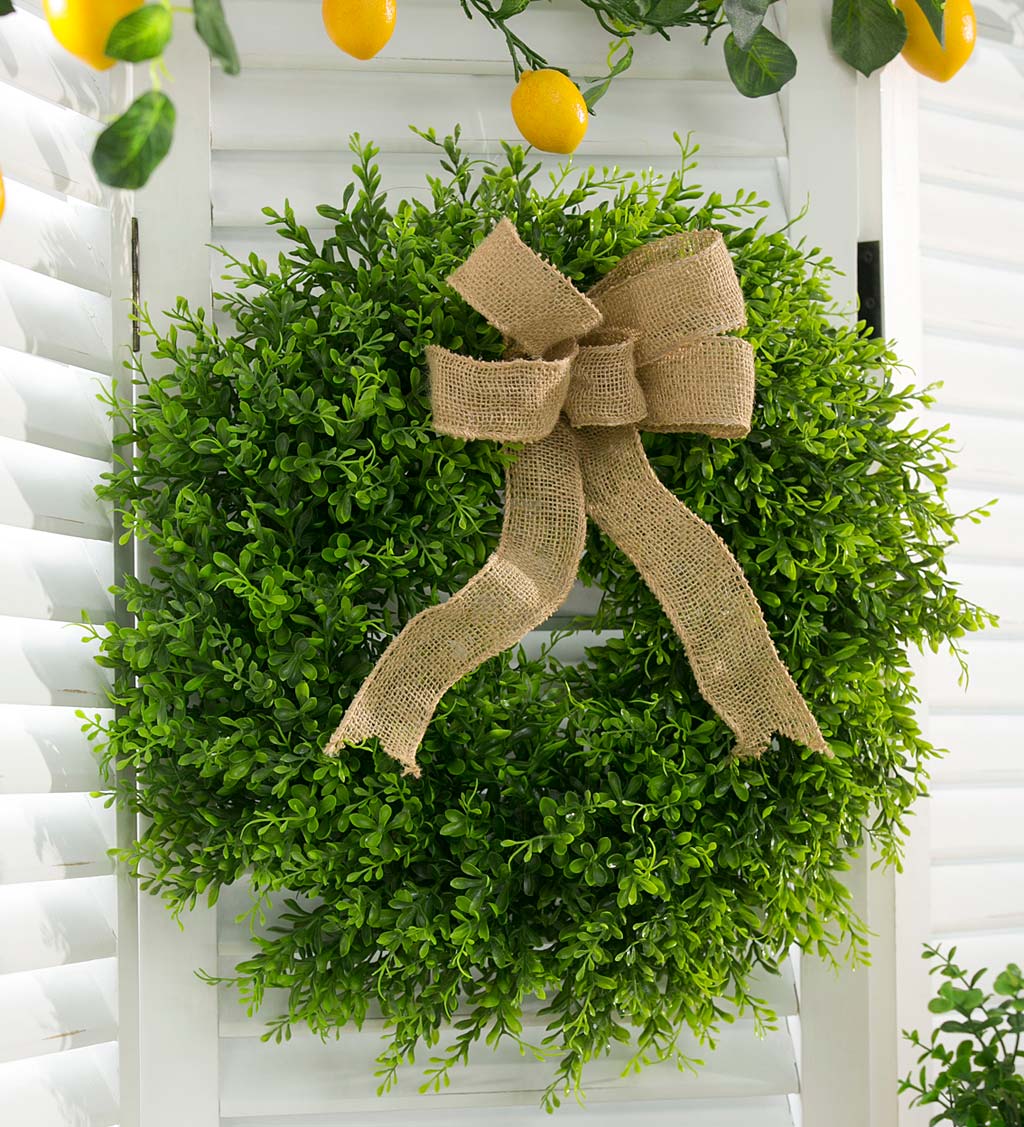 Faux Boxwood Wreath with Burlap Bow