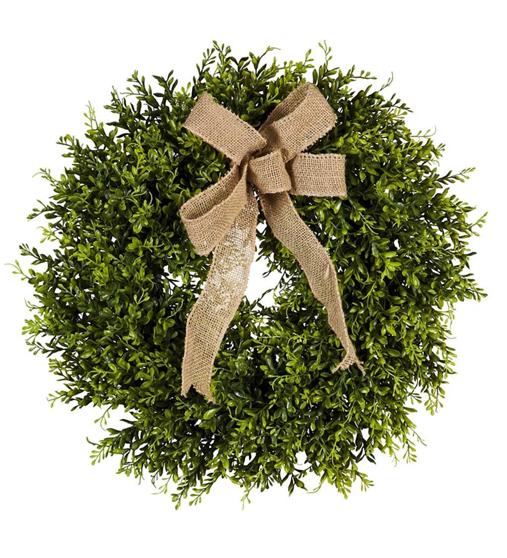 Faux Boxwood Wreath with Burlap Bow