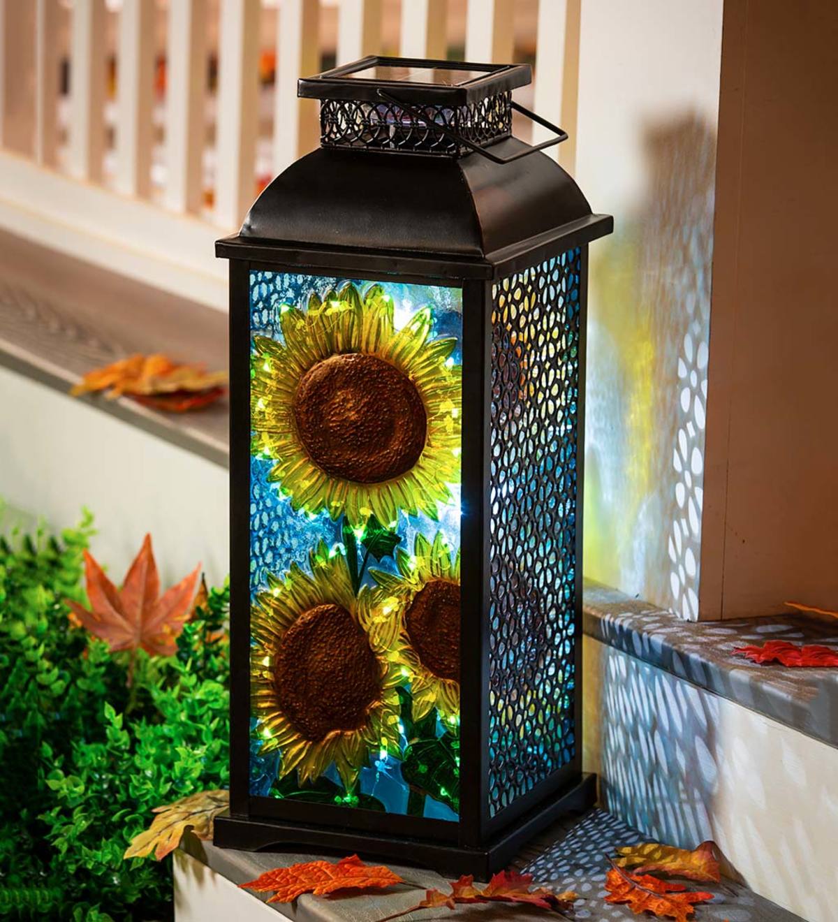 Hand-Painted Solar Sunflower Metal and Glass Lantern