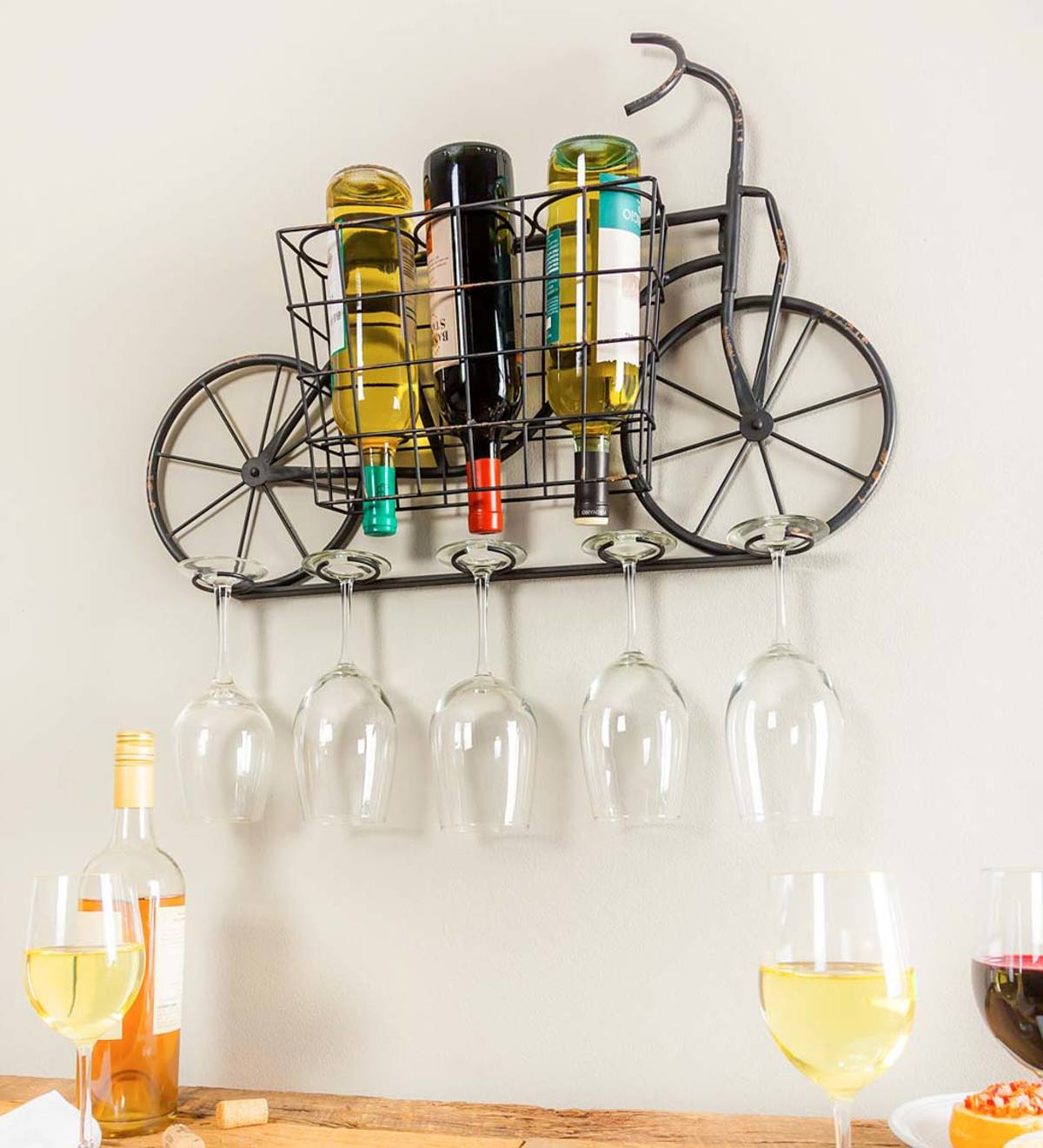 Black Metal Bicycle Wine and Glass Rack