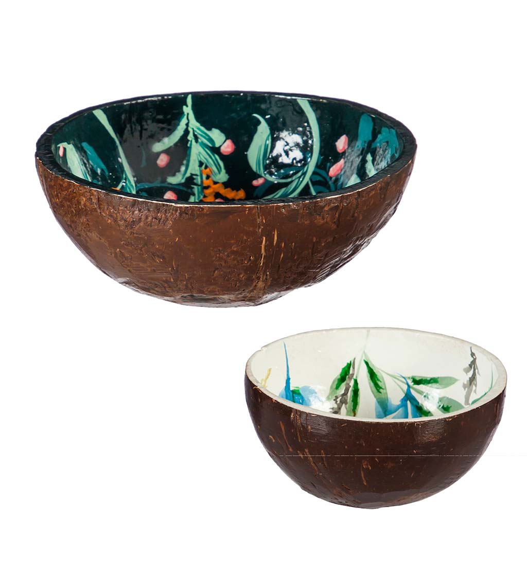 Floral Painted Natural Coconut Bowls, Set of 2