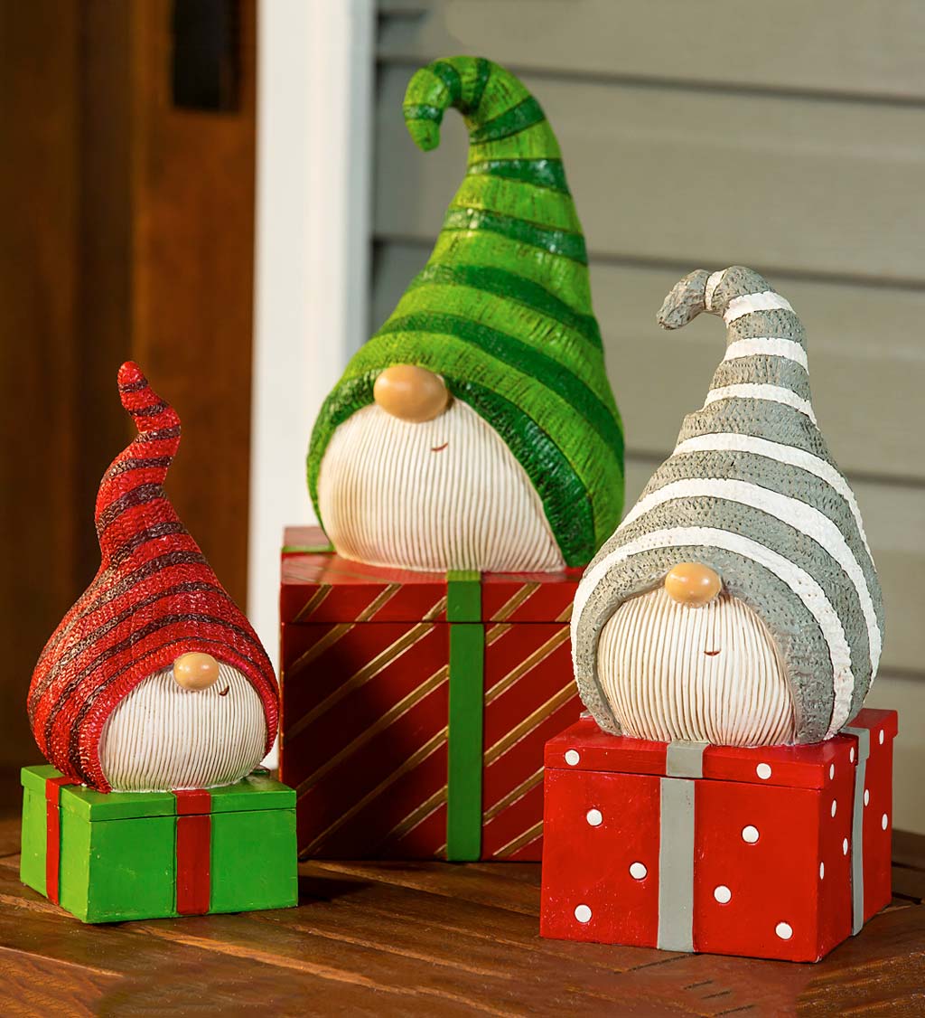 Holiday Gnome Gift Box Garden Statuary, Set of 3