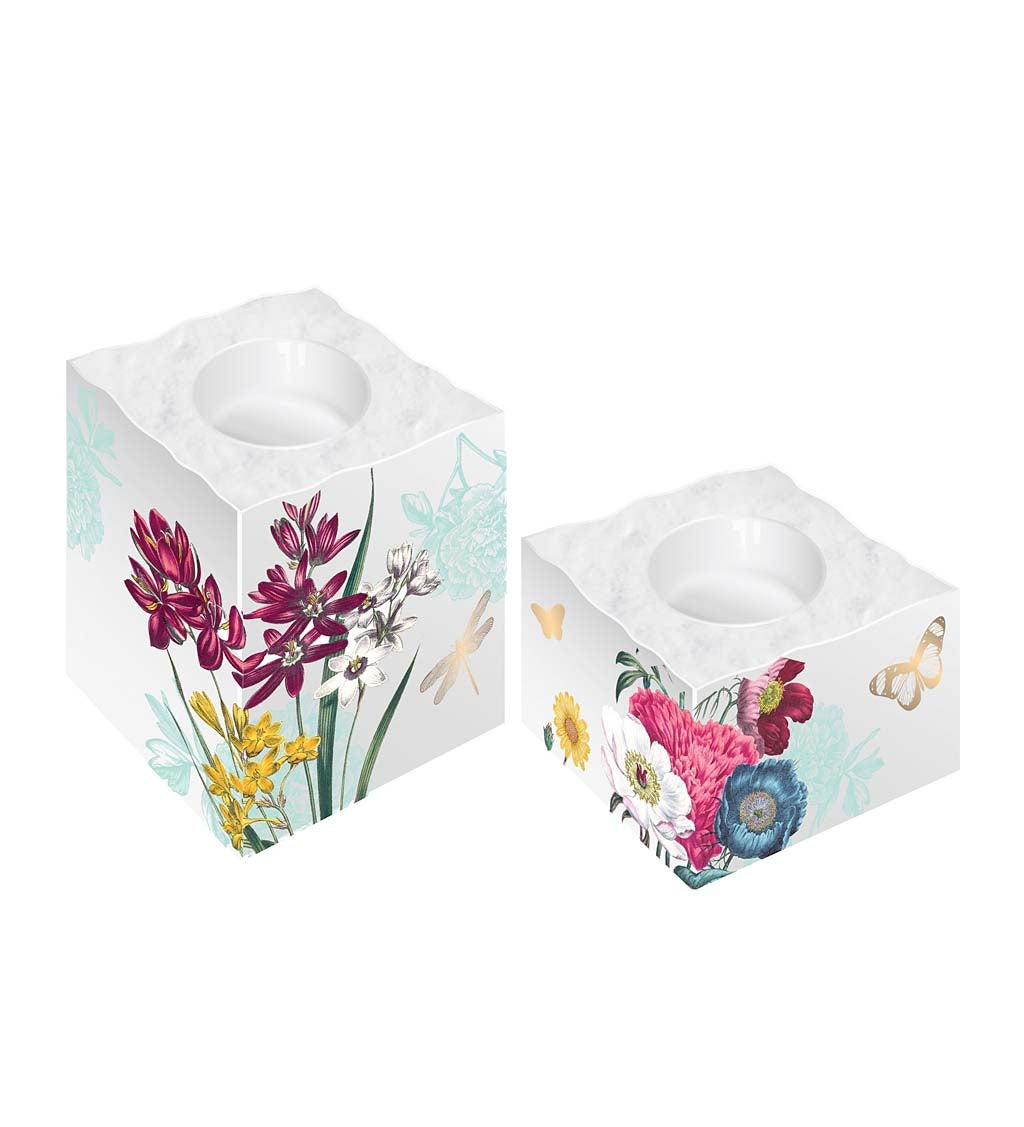 Vivid Bouquet Square Ceramic Tealight Candle Holders, Set of 2