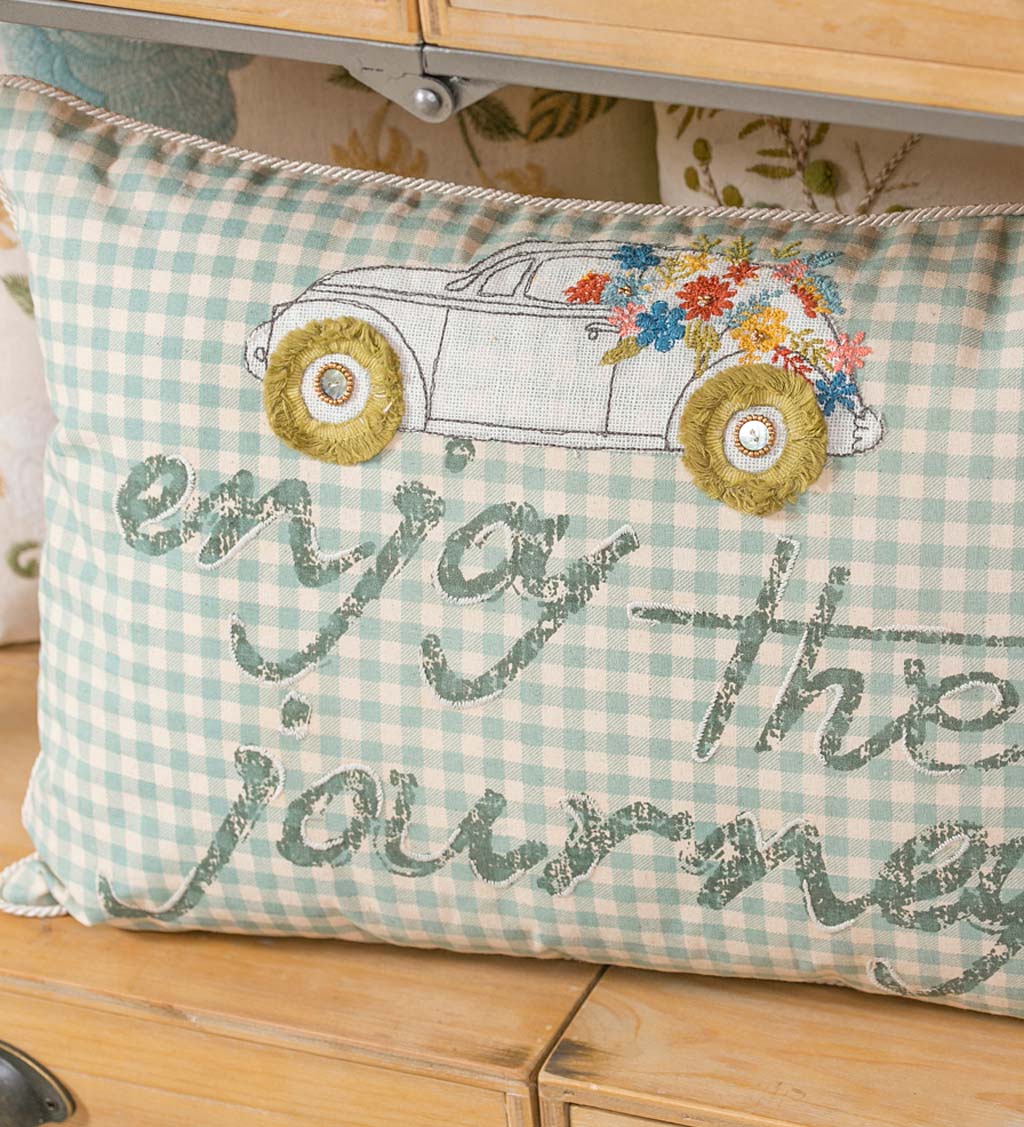 Enjoy the Journey Green Gingham Lumbar Pillow
