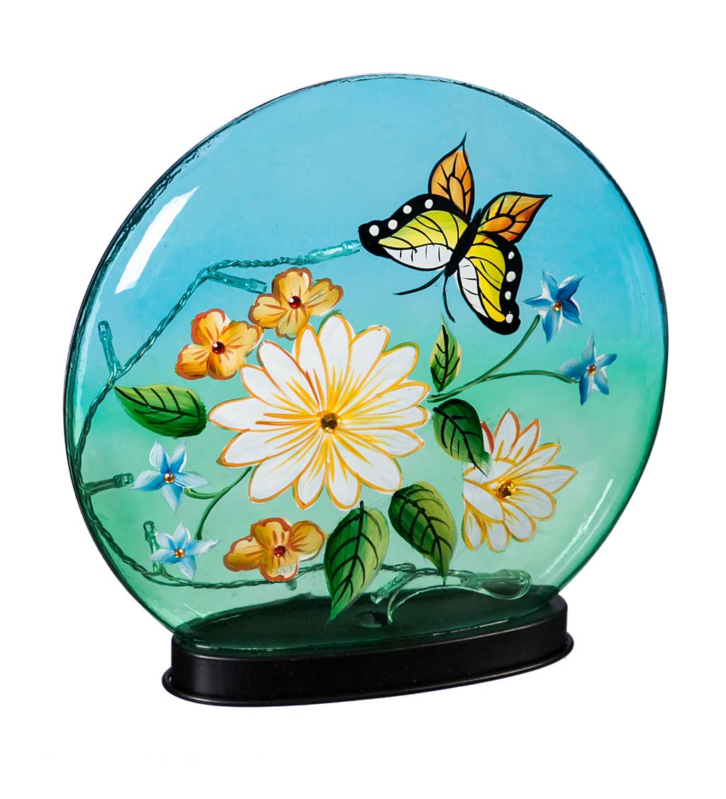 Hand-Painted Butterfly and Flowers Crackle LED Glass Disc, Set of 2