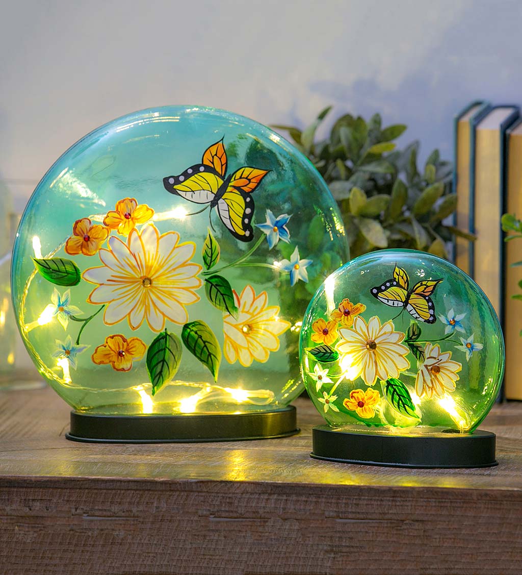 Hand-Painted Butterfly and Flowers Crackle LED Glass Disc, Set of 2