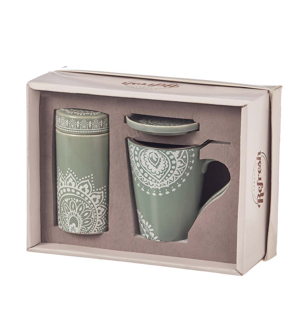 Sage Green Mandala Lace 3-Piece Tea Cup Gift Set