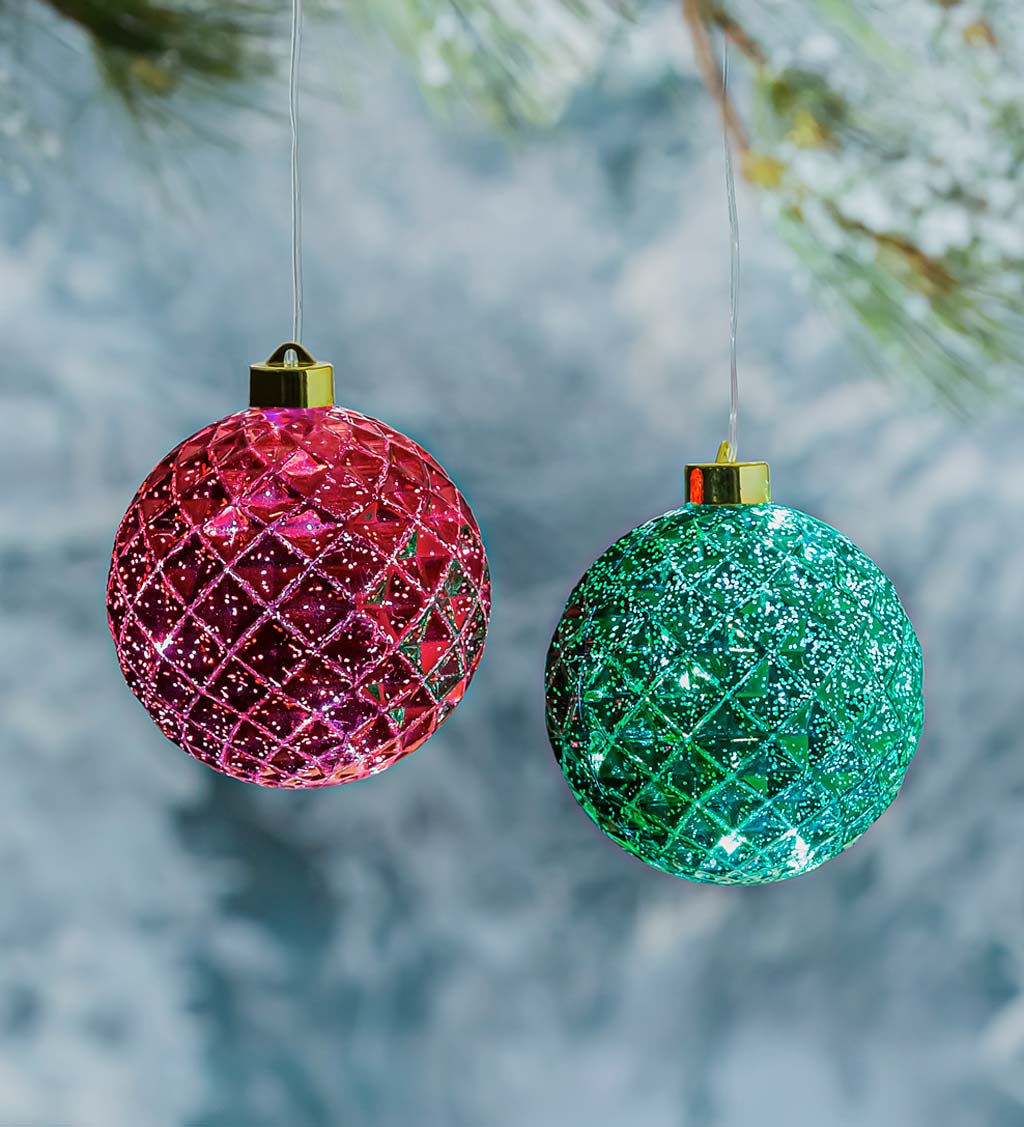 Indoor/Outdoor Lighted Shatterproof Hanging Holiday Faceted Ball 5" Ornaments, Set of 2