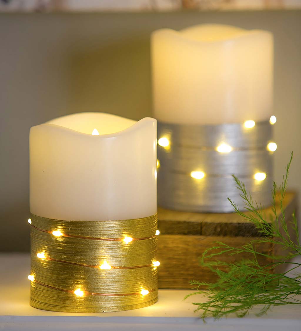 LED Half Metallic Wire Wrapped Flameless Pillar Candles, Set of 2