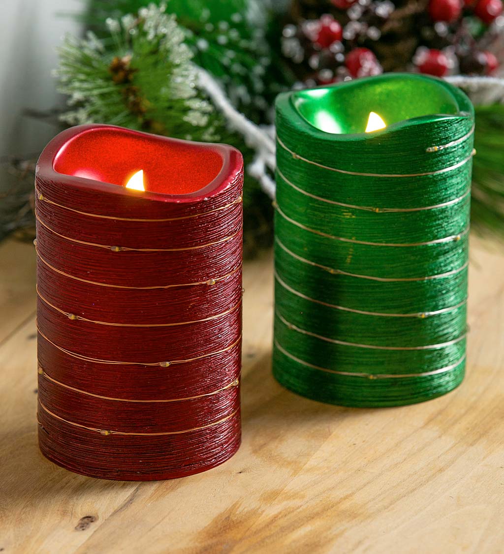 LED Metallic Wire Wrapped Flameless Pillar Candles, Set of 2