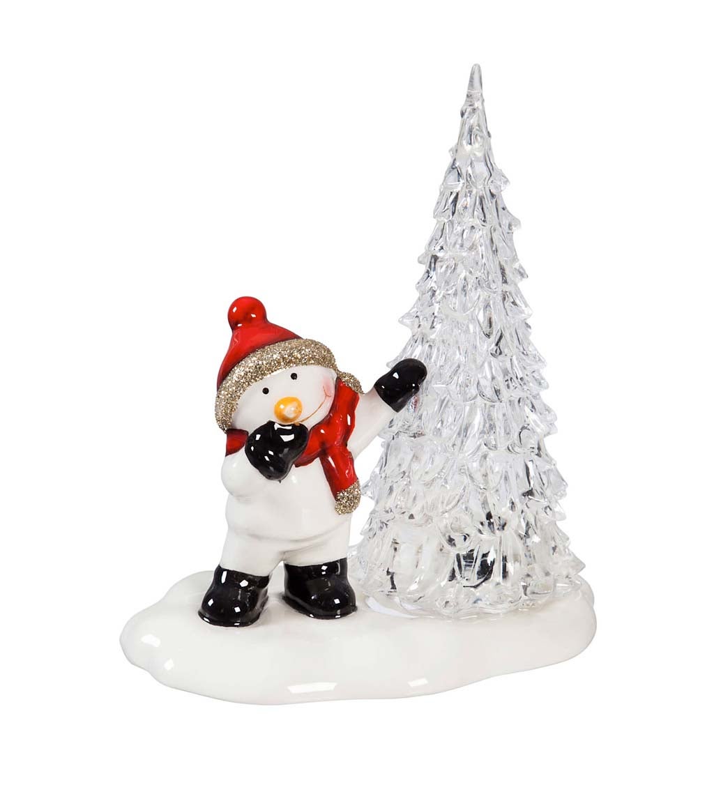 LED Ceramic Snowman and Santa with Trees, Set of 2