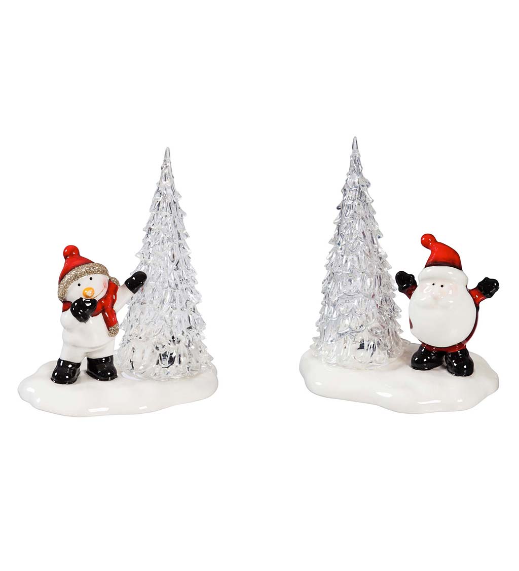 LED Ceramic Snowman and Santa with Trees, Set of 2