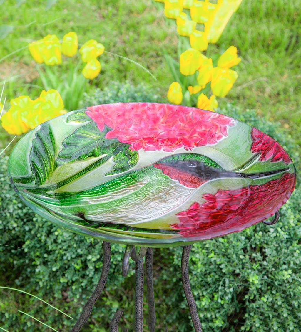 Textured Glass Hummingbirds and Red Hydrangea Birdbath Basin