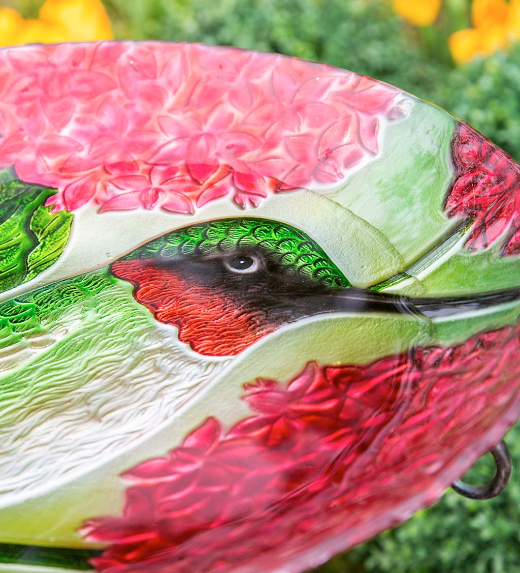 Textured Glass Hummingbirds and Red Hydrangea Birdbath Basin