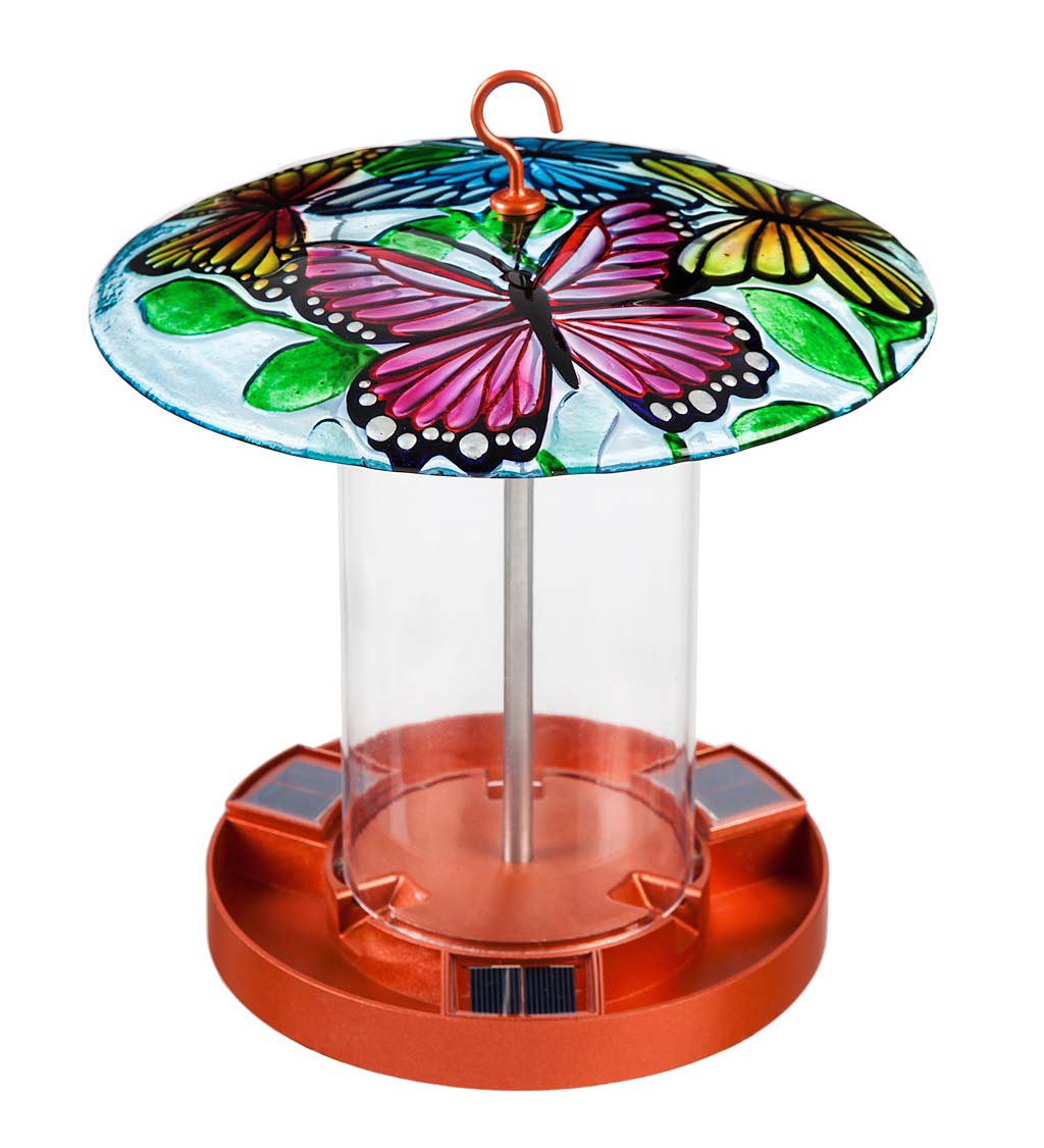 Hand-Painted Embossed Glass Butterfly Solar Bird Feeder