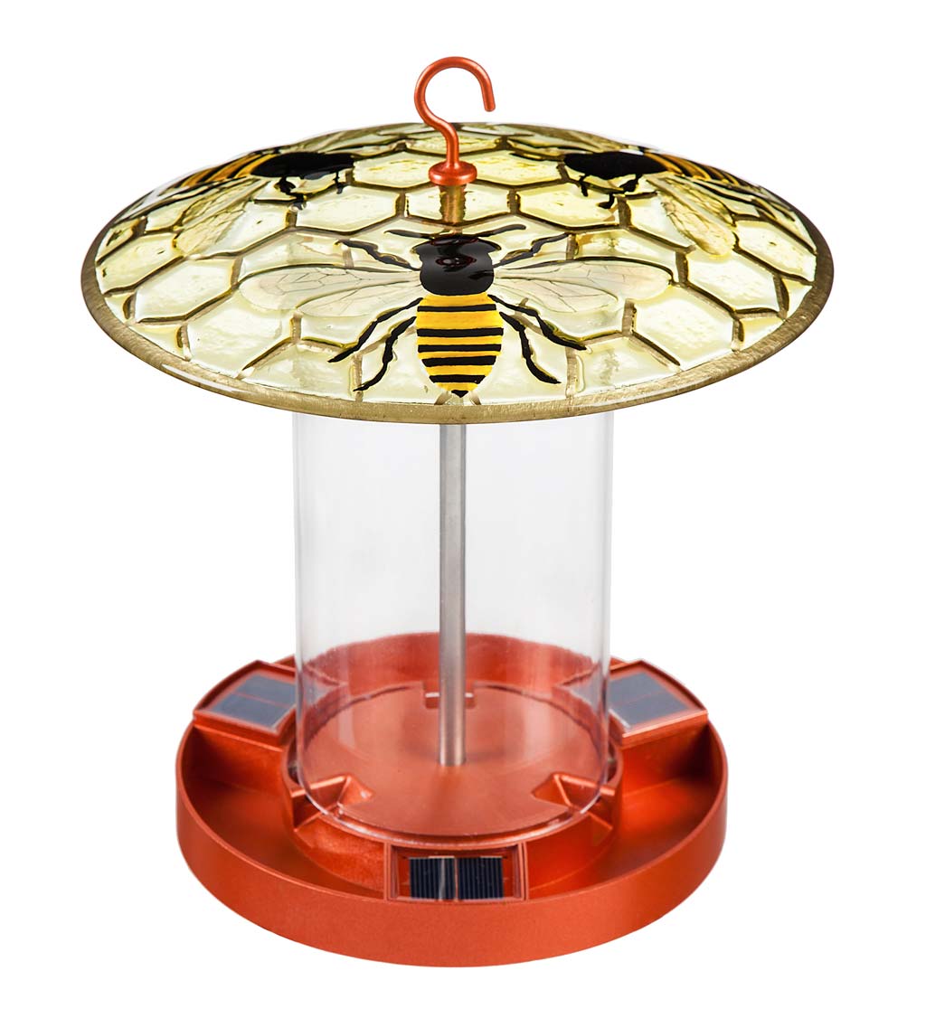 Hand-Painted Embossed Glass Honey Bees Solar Bird Feeder