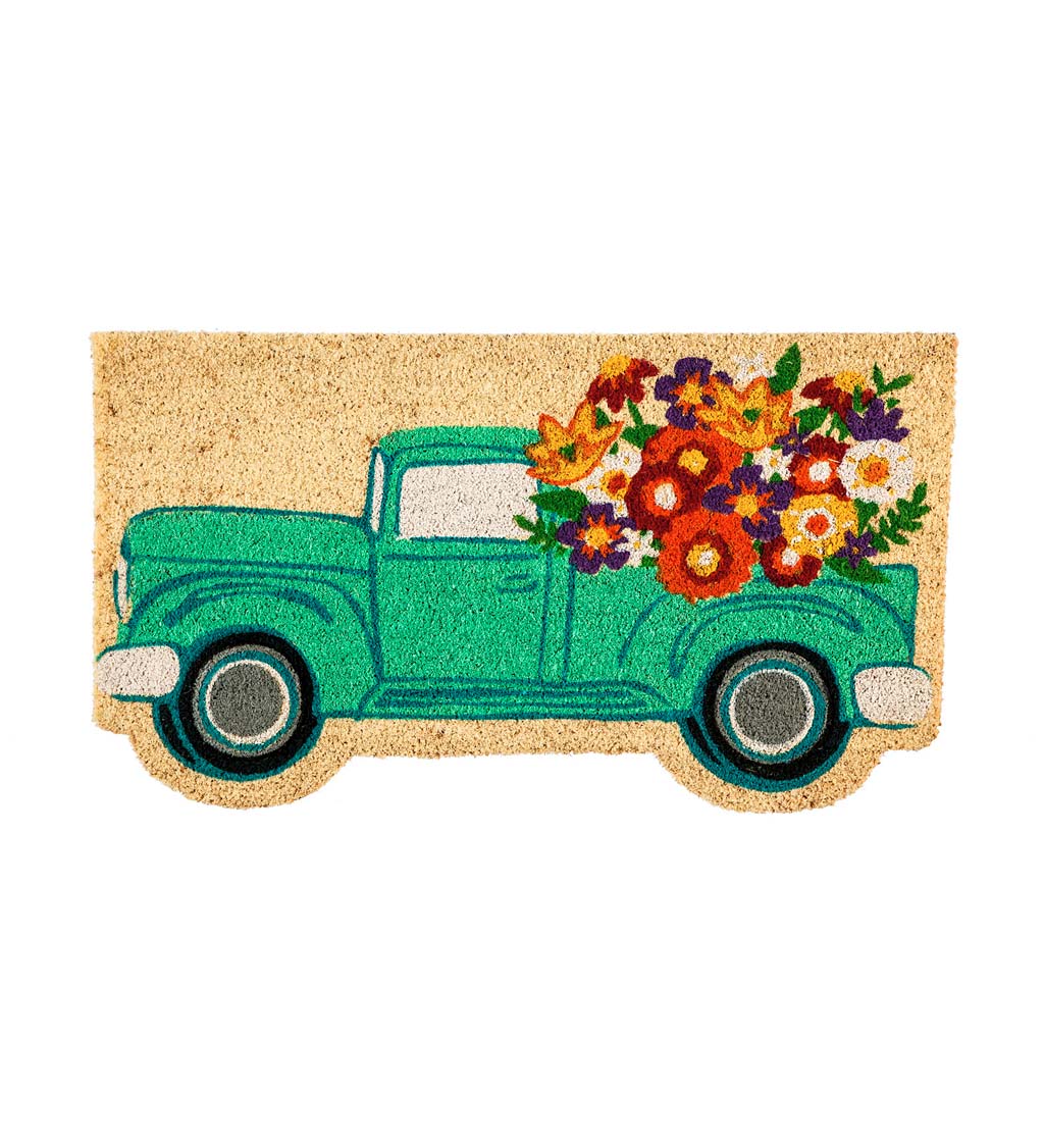 Flower-Filled Vintage Mint Truck-Shaped Coir Fiber Mat