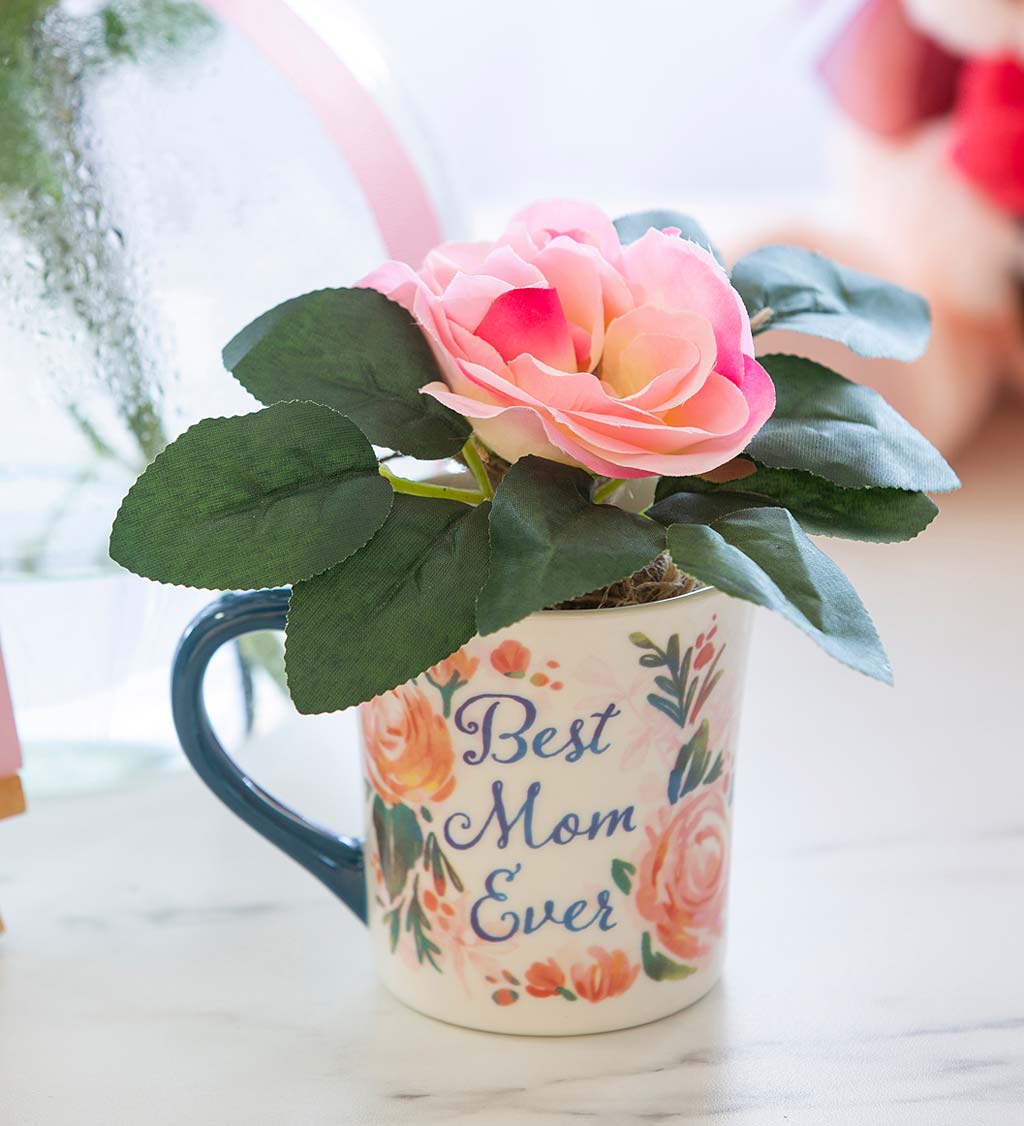 Faux Floral Arrangement with Coffee Cup Gift Set