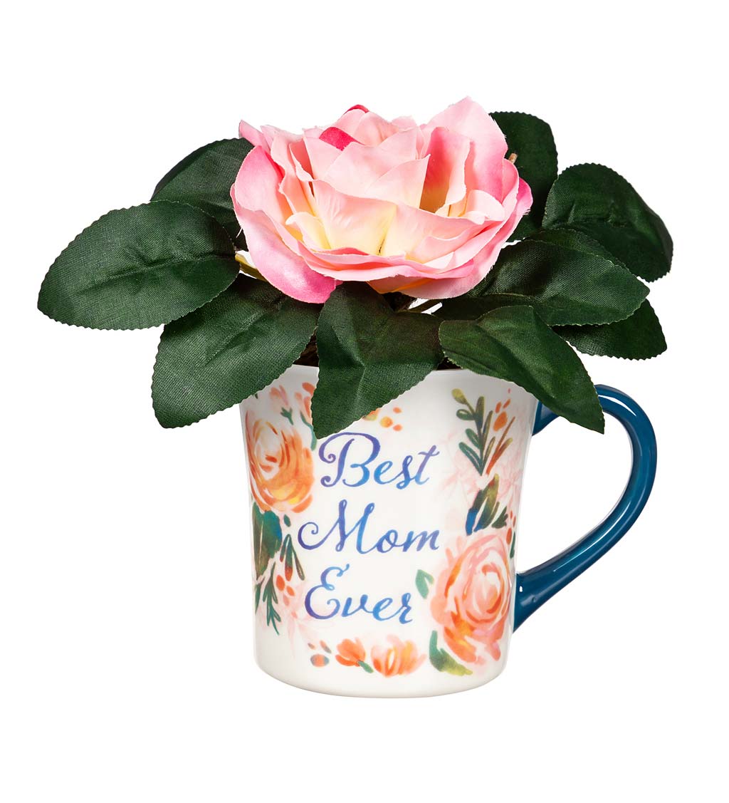 Faux Floral Arrangement with Coffee Cup Gift Set