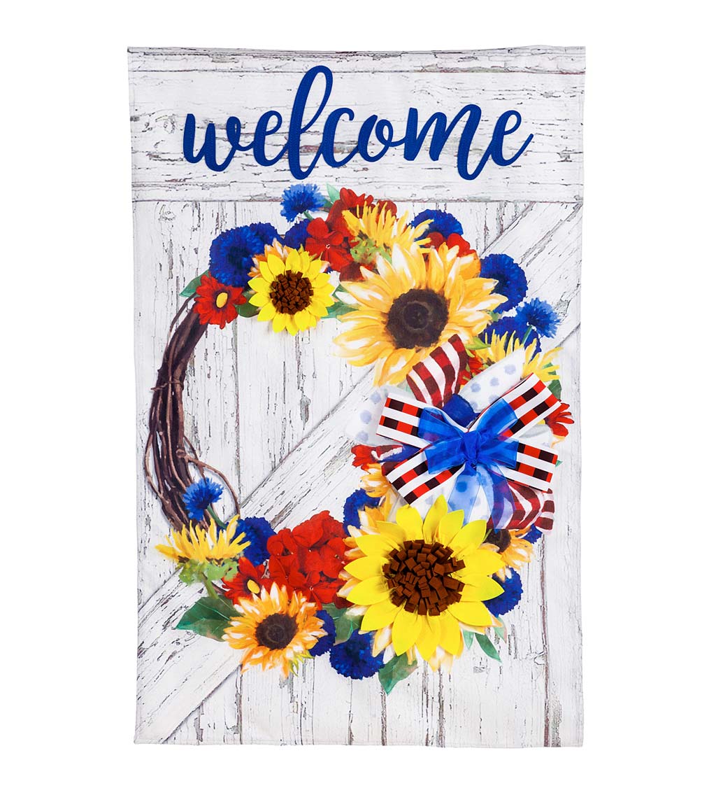 Patriotic Floral Wreath Burlap Welcome House Flag