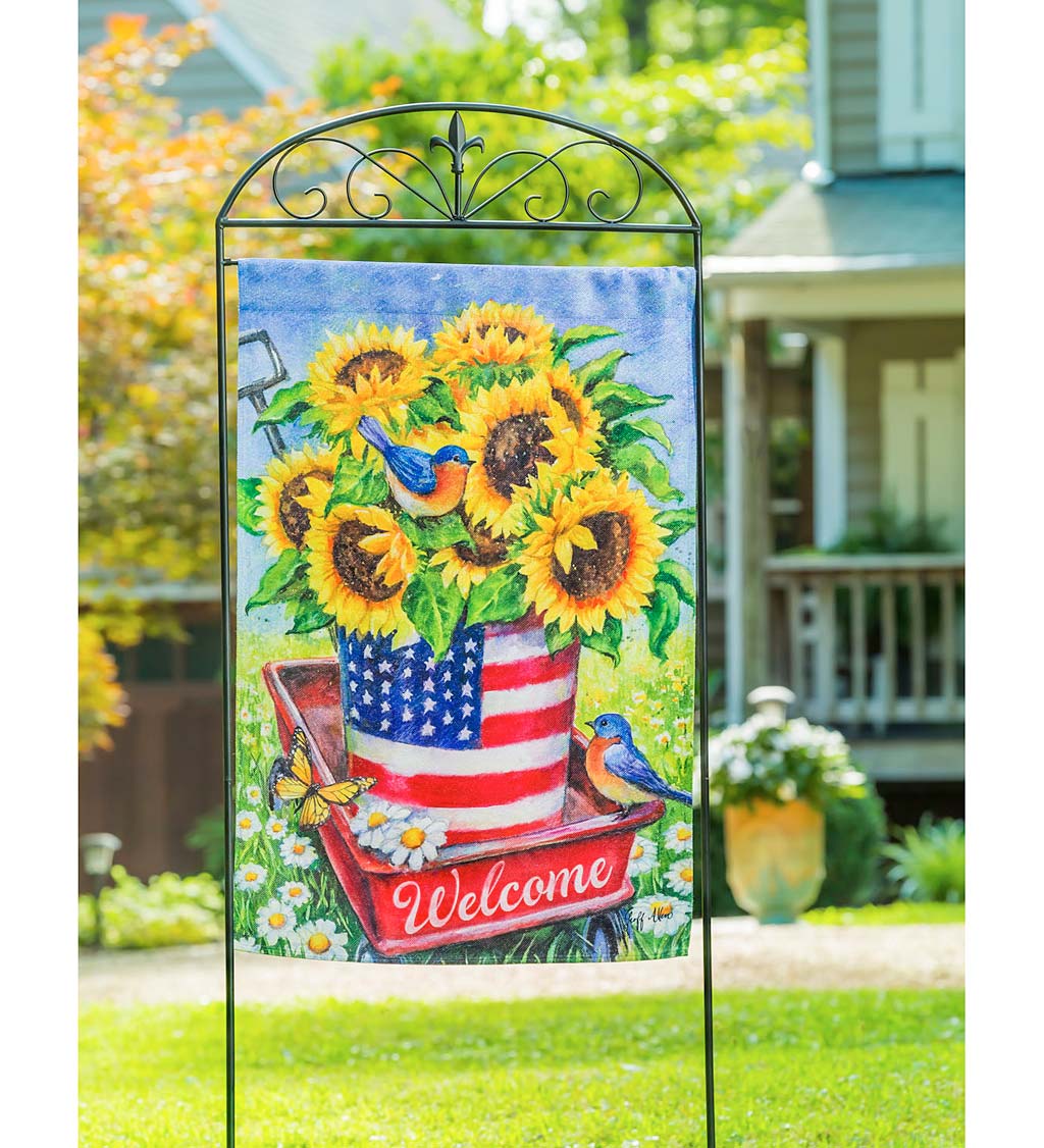 Patriotic Sunflower Welcome Wagon Textured Suede House Flag