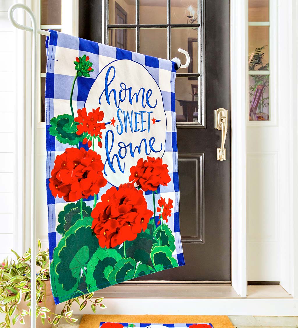 Geraniums Home Sweet Home Linen Garden Flag