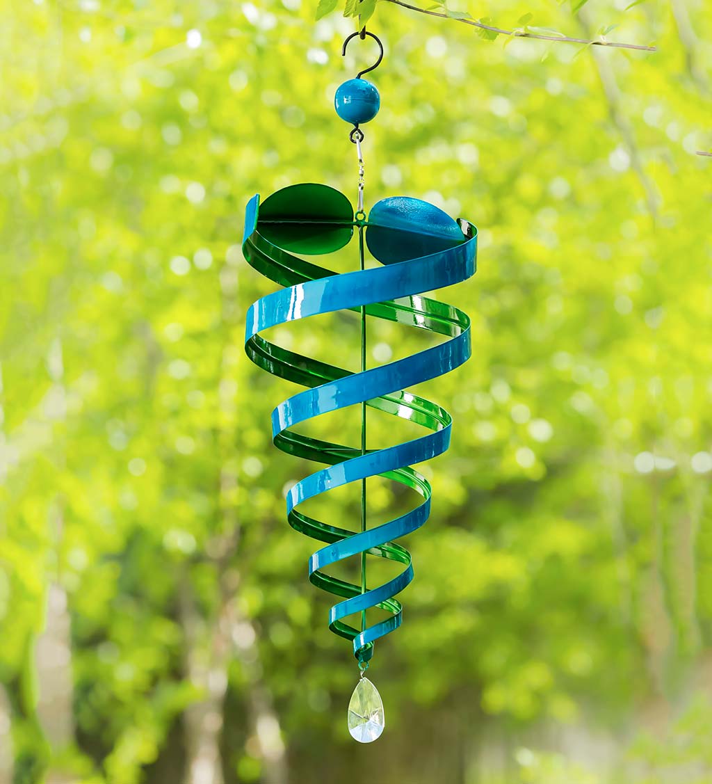 Hanging Blue and Green Conical Metal Wind Twirler with Crystal