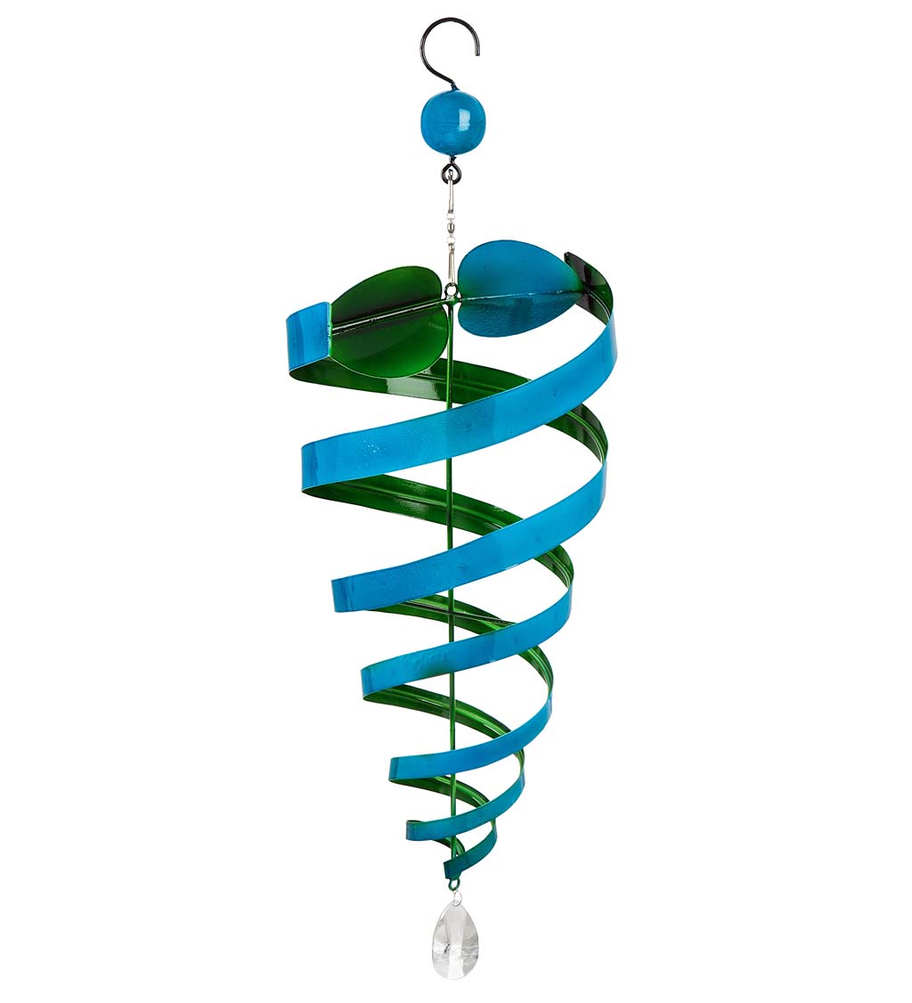 Hanging Blue and Green Conical Metal Wind Twirler with Crystal