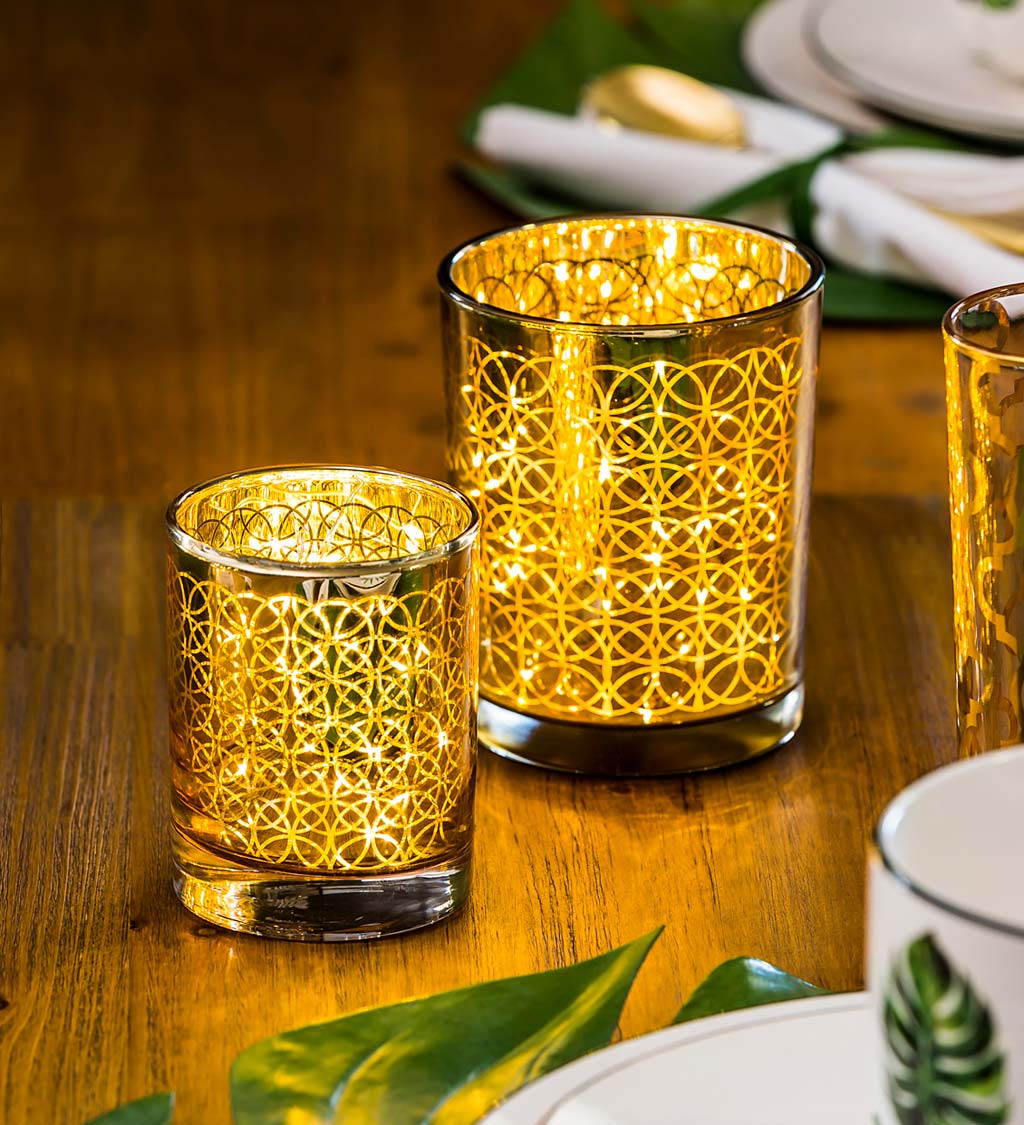 Glass Candle Holder with Golden Metallic Design, Set of 2