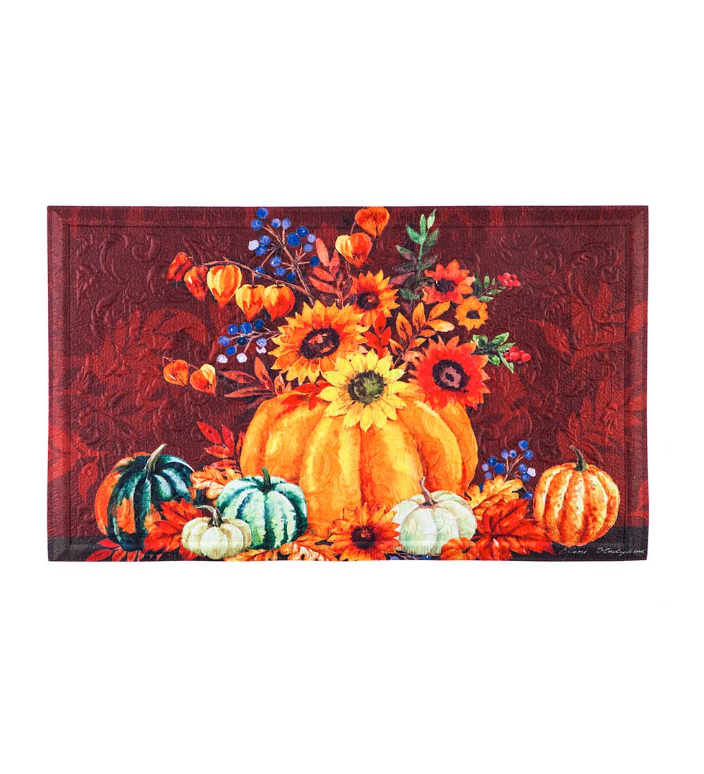 Indoor/Outdoor Harvest Floral Pumpkin Bouquet Embossed Floor Mat