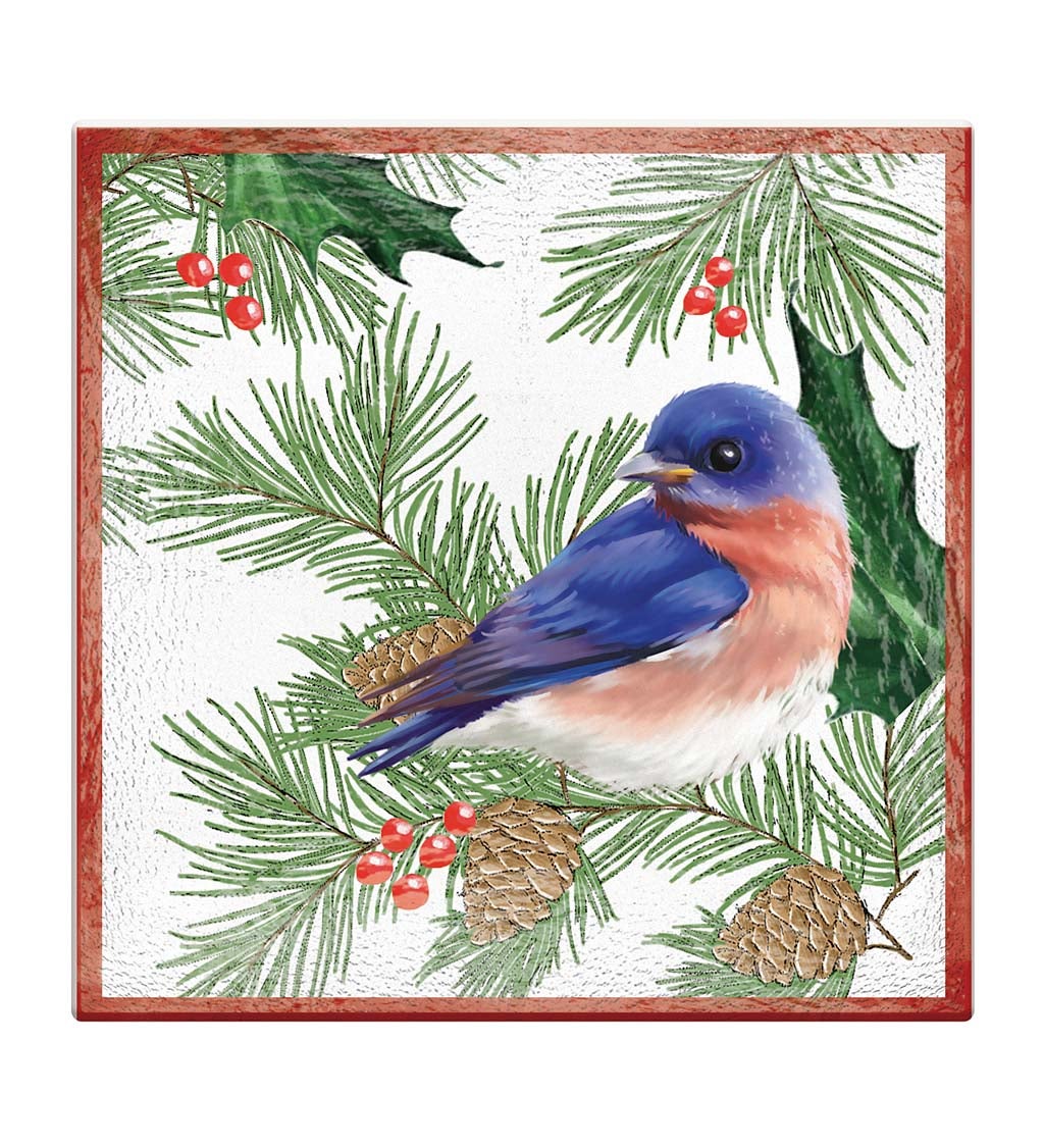 Hand-Painted Holiday Bluebird Embossed Square Glass Bird Bath Basin