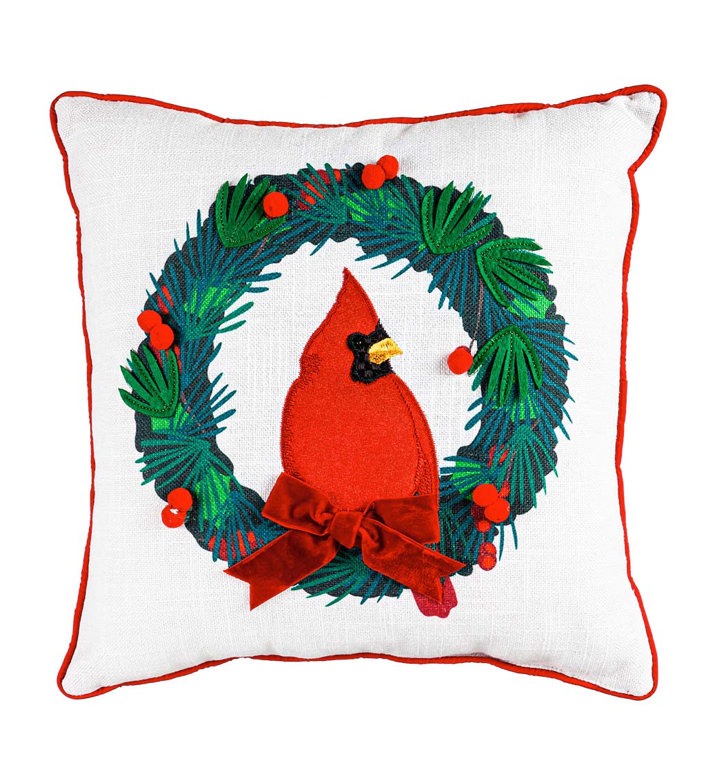 Cardinal Wreath with 3D Berry Accents 16" Square Pillow
