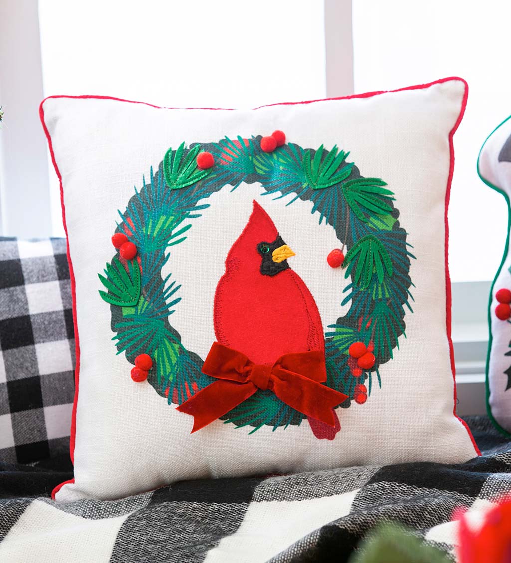 Cardinal Wreath with 3D Berry Accents 16" Square Pillow