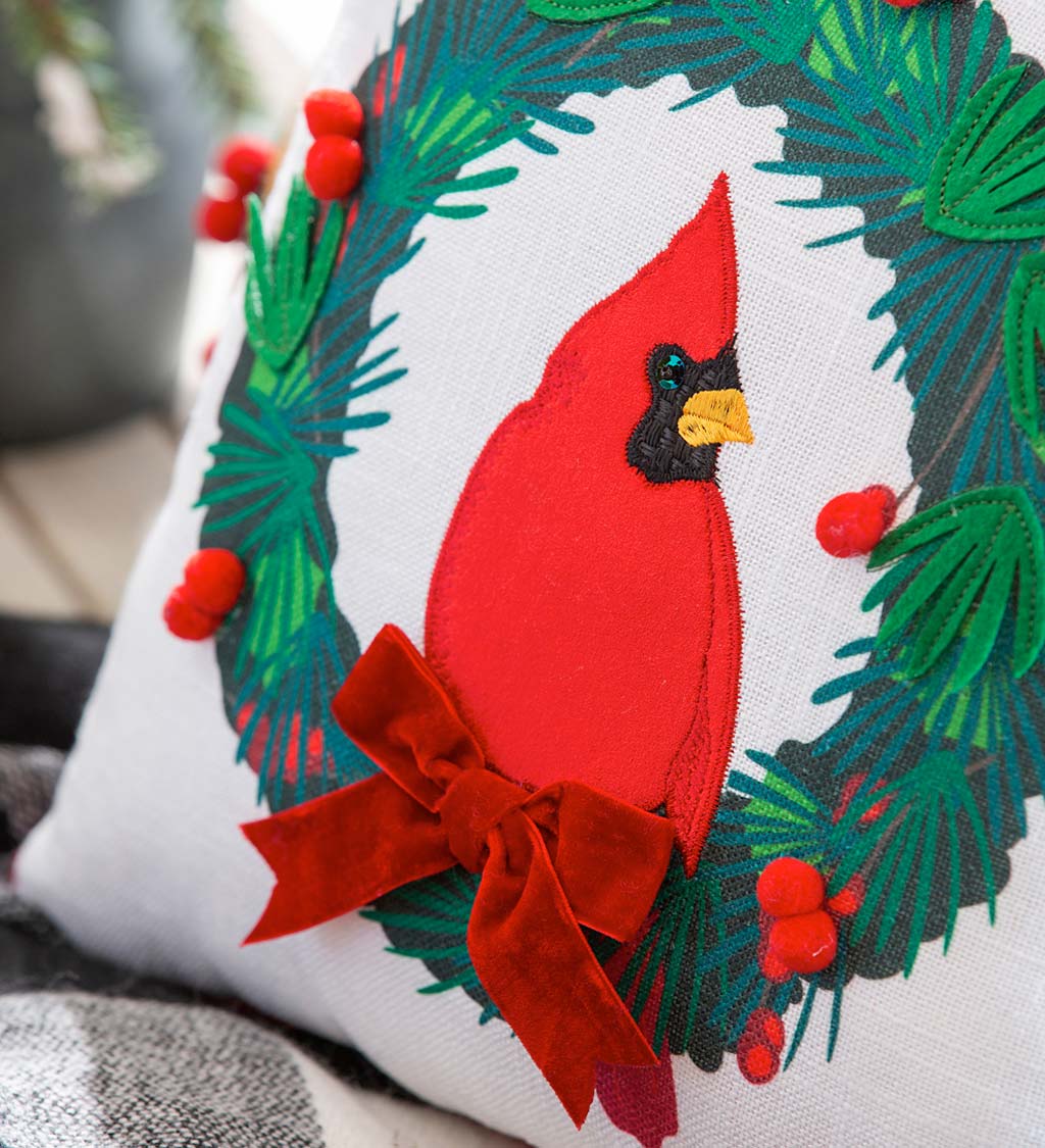 Cardinal Wreath with 3D Berry Accents 16" Square Pillow