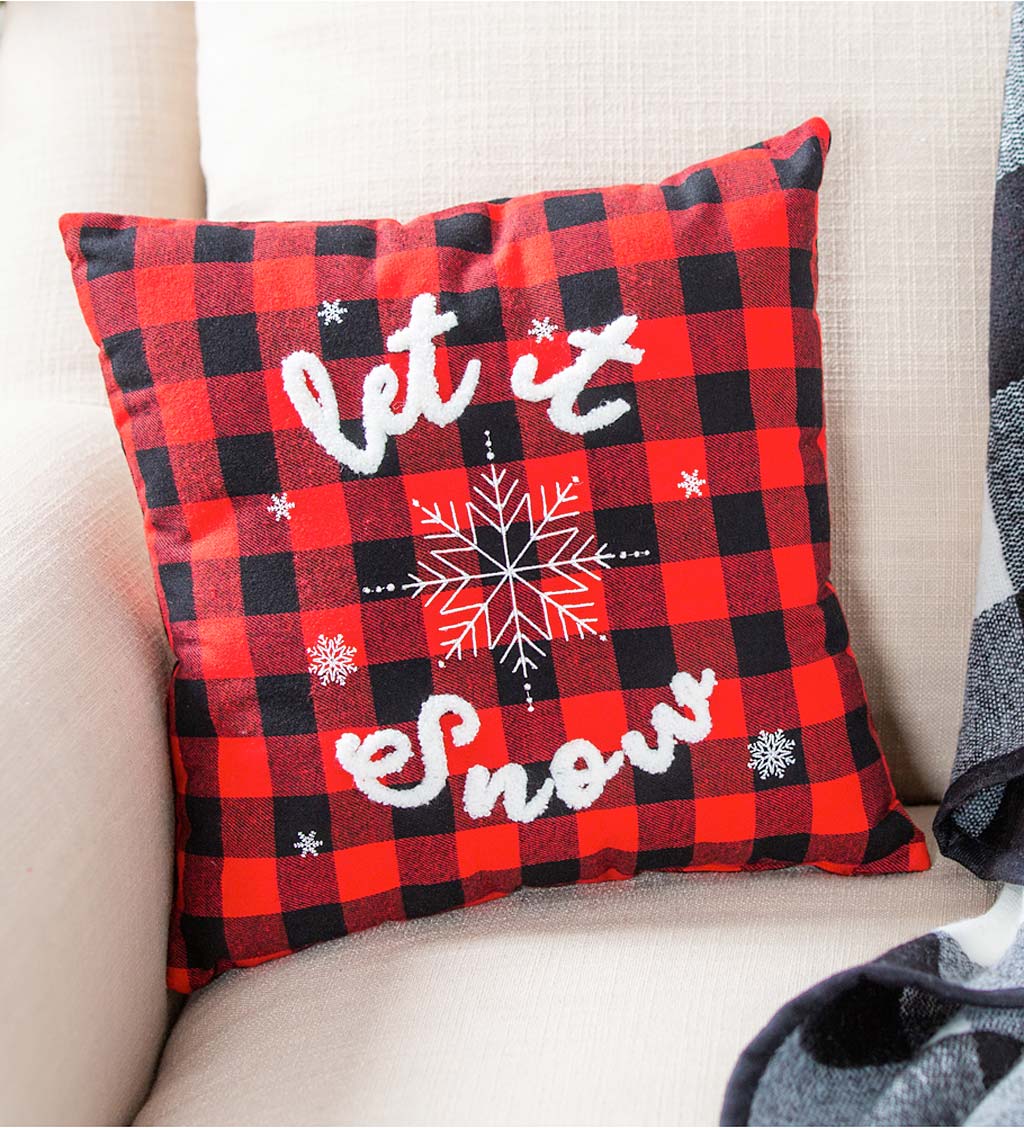 Let It Snow Buffalo Check Square Throw Pillow with 3D Lettering