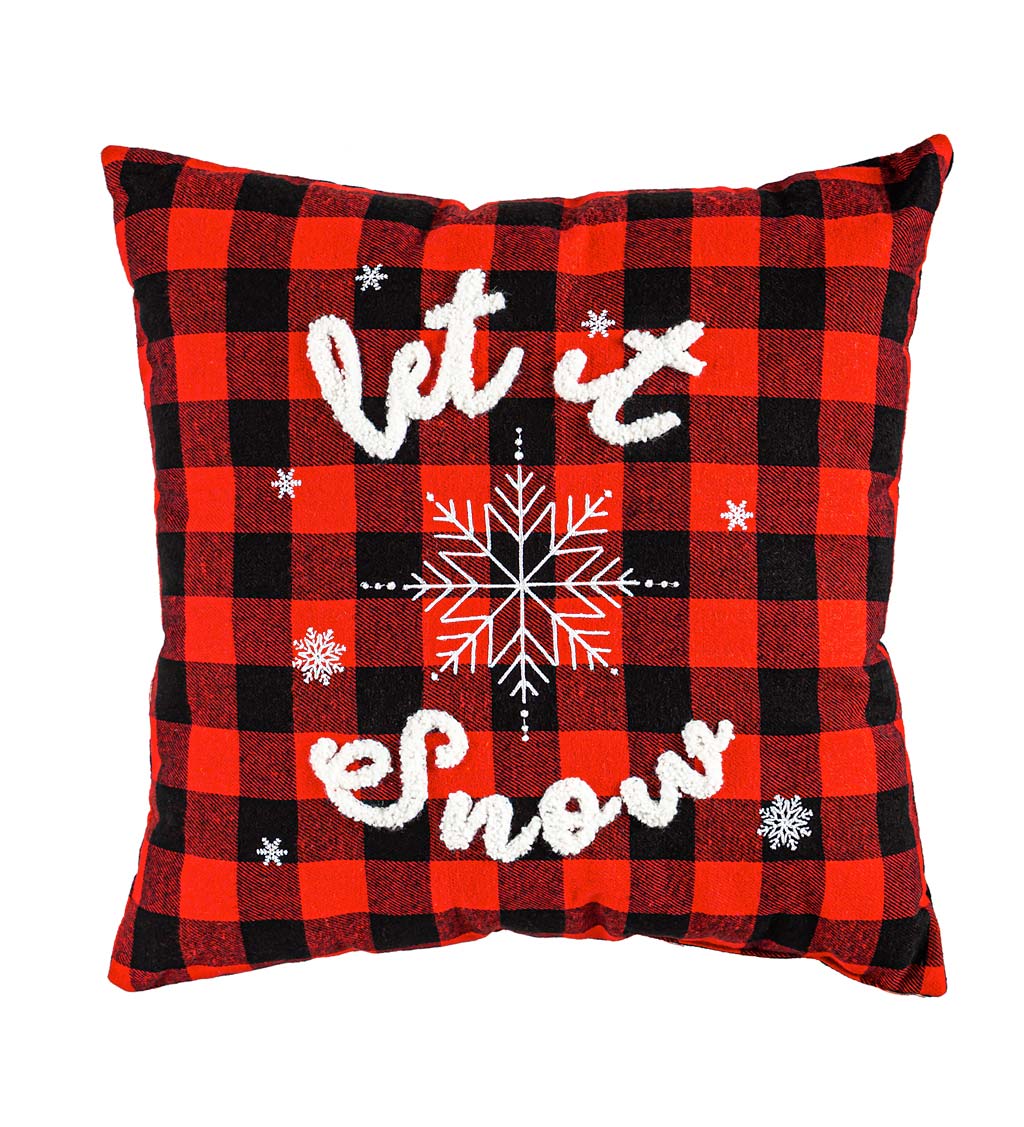 Let It Snow Buffalo Check Square Throw Pillow with 3D Lettering