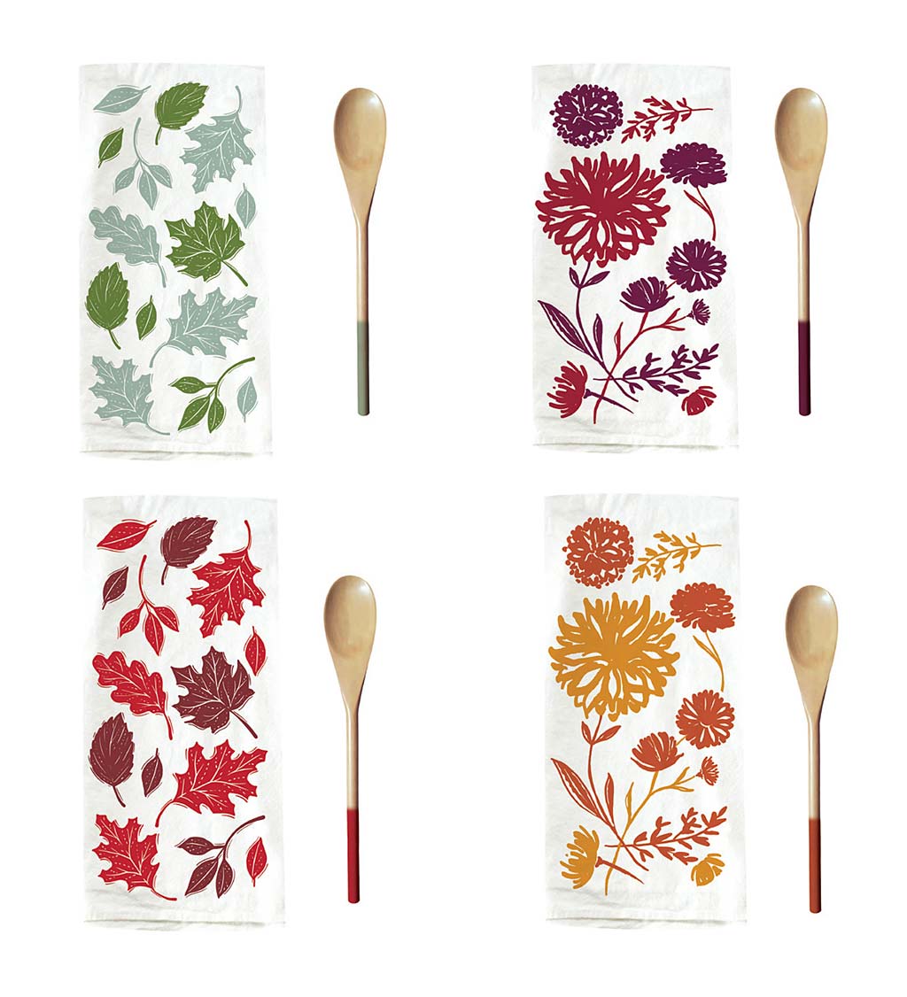 Harvest Flour Sack Towel and Wooden Spoon Gift Sets, Set of 4