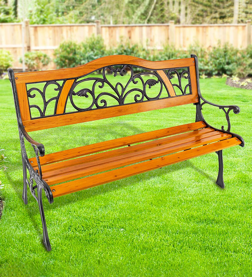 Metal and Wood with Vine Accent Garden Bench