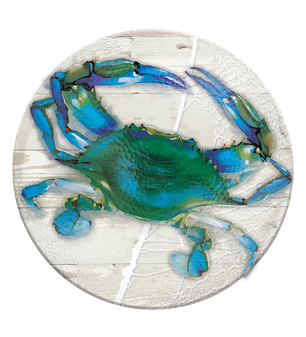Hand Painted Blue Crab Embossed Glass Birdbath Basin