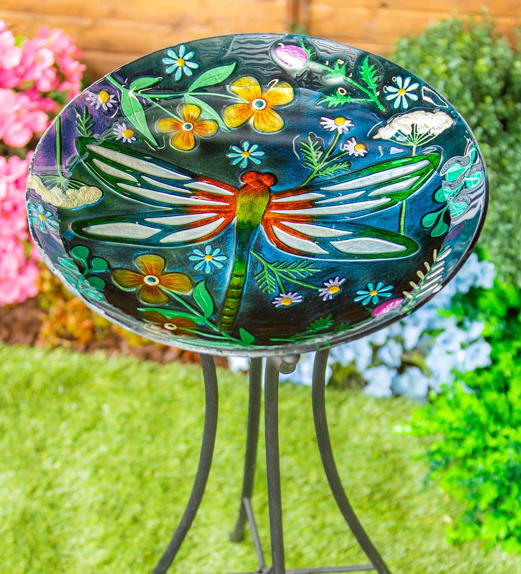 Glass Dragonfly and Wildflower Birdbath Basin