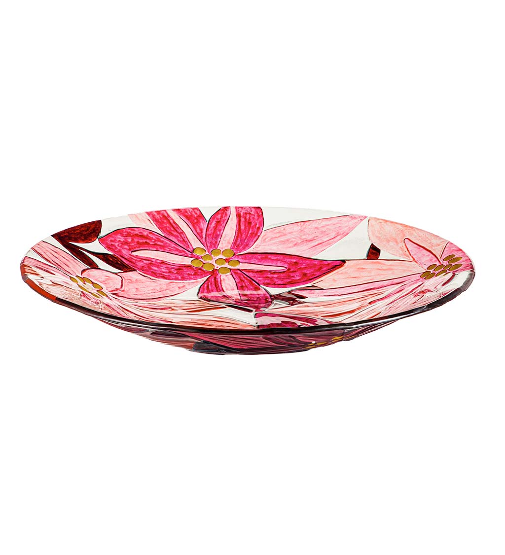 Glass Pink Floral Birdbath Basin